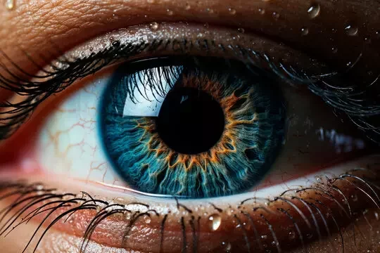 High-resolution anterior segment photograph of a human eye showing the cornea and iris structure